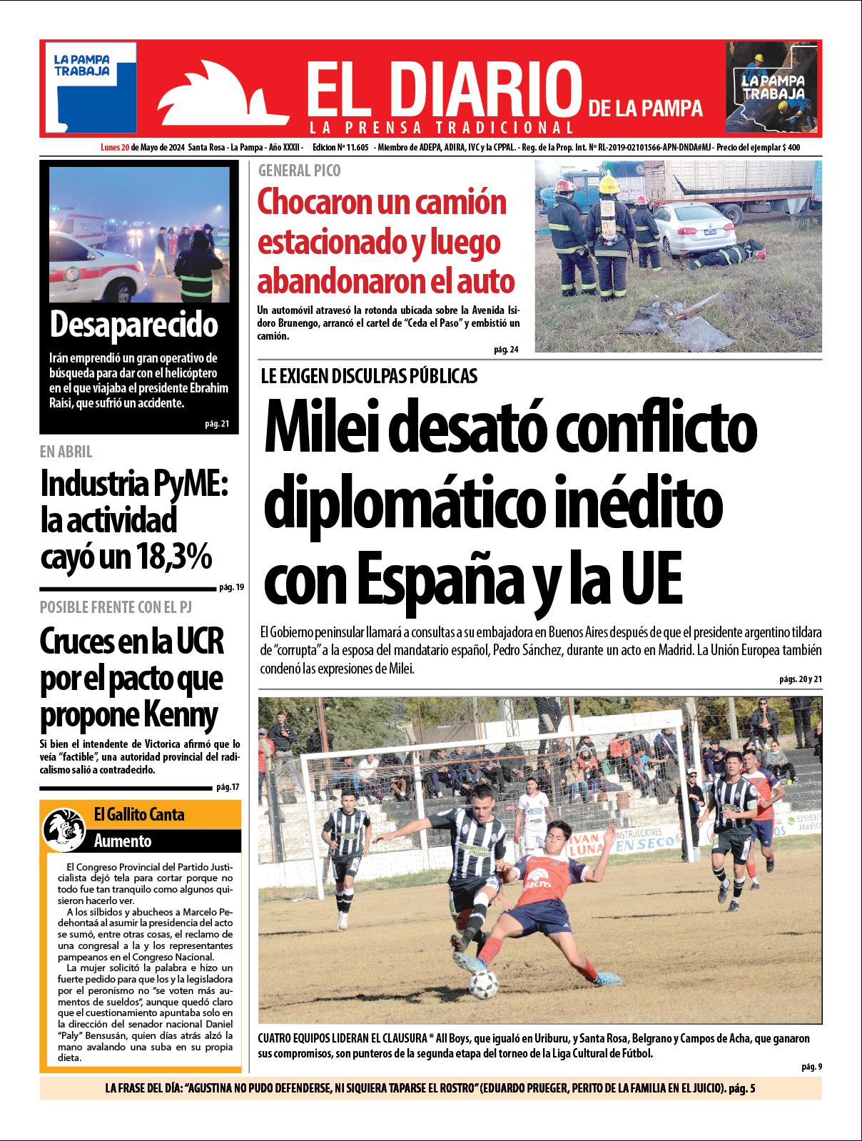 Tapa de El Diario en papel  lunes 20 de mayo de 2024